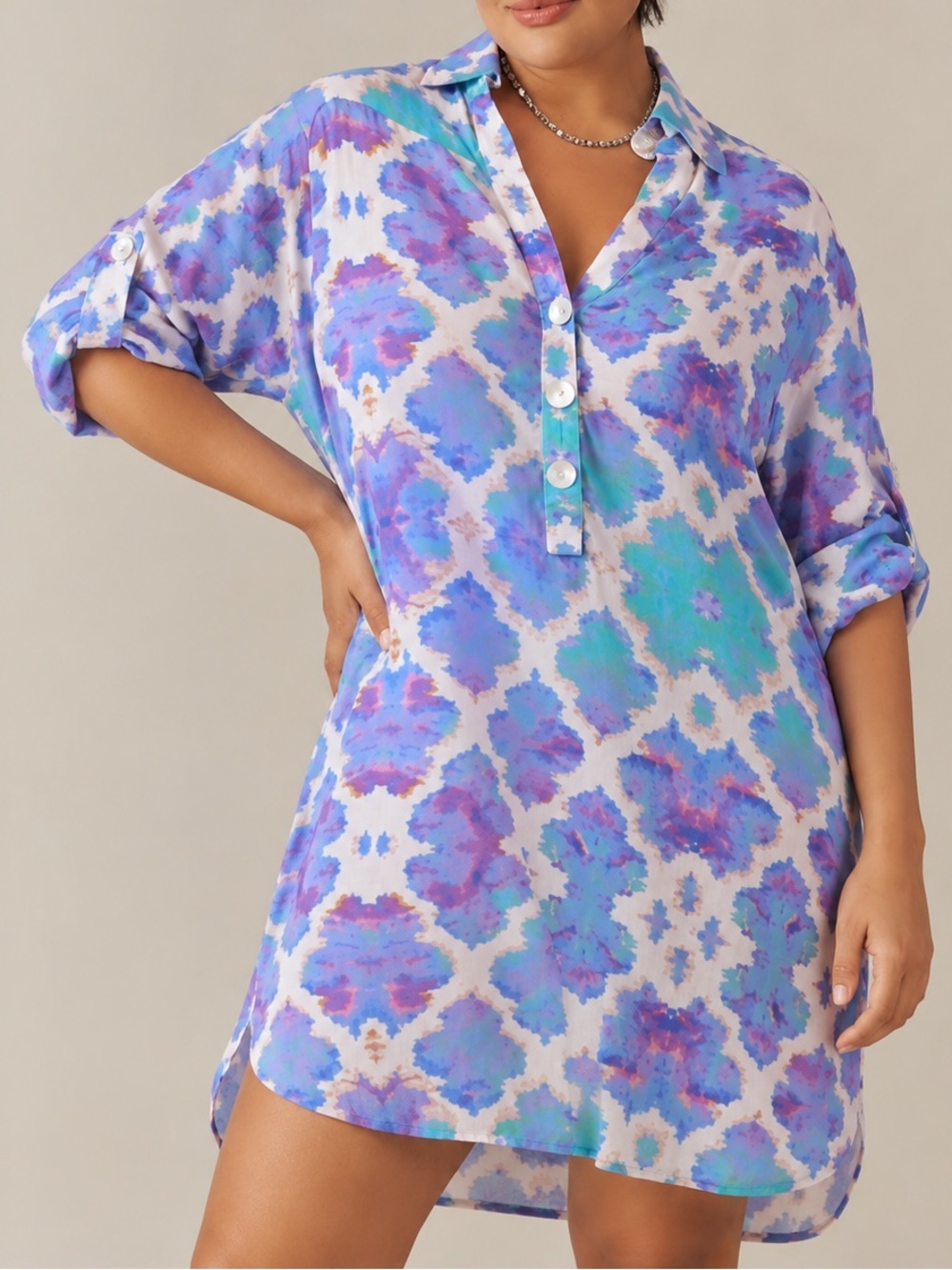 Sophia Alexis London Watercolor Ikat Rayon Tunic Blouse Beach Coverup Small